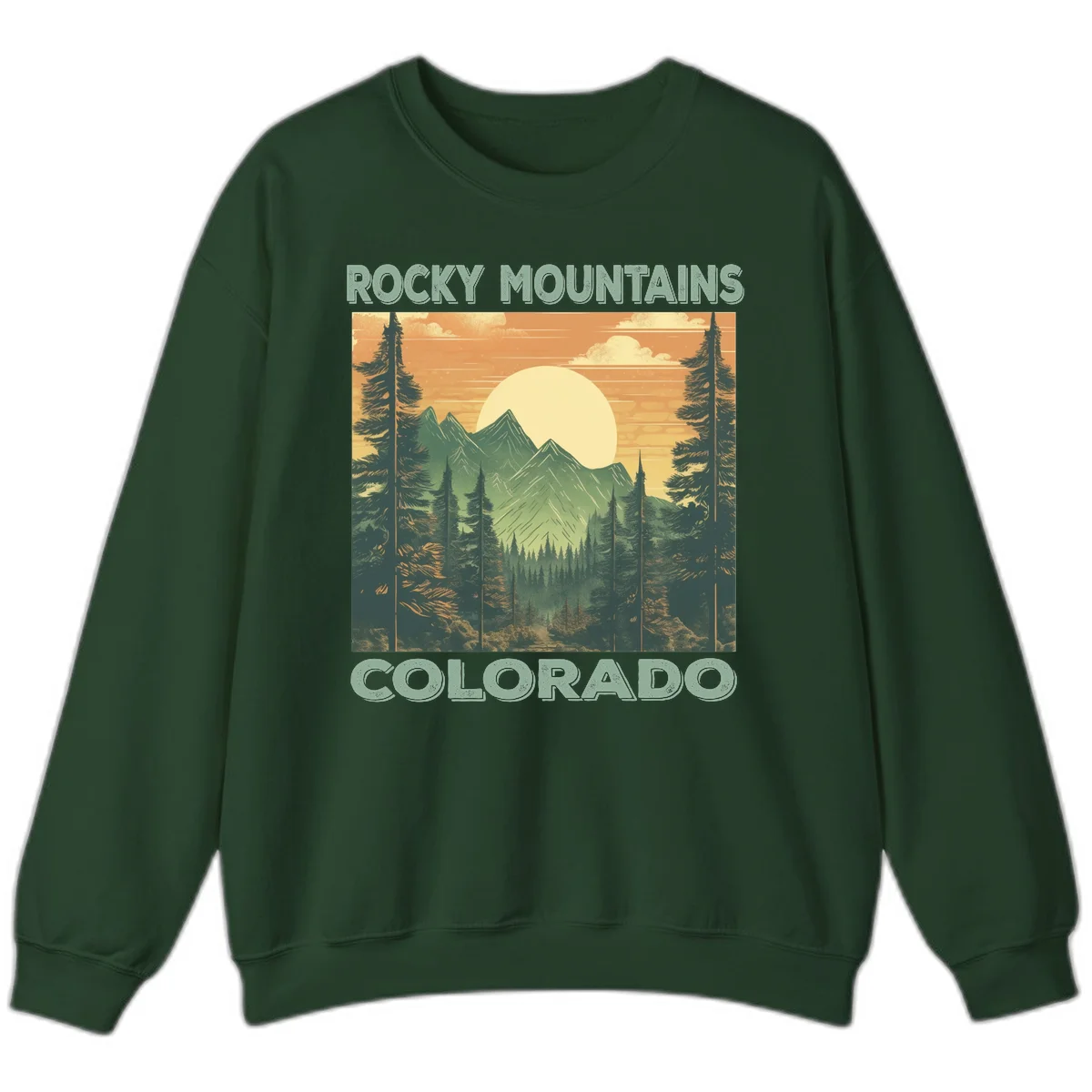 Vintage-style illustration of Rocky Mountains Colorado with golden sunset, evergreen trees, and mountain peaks in retro colors. in Forest Green