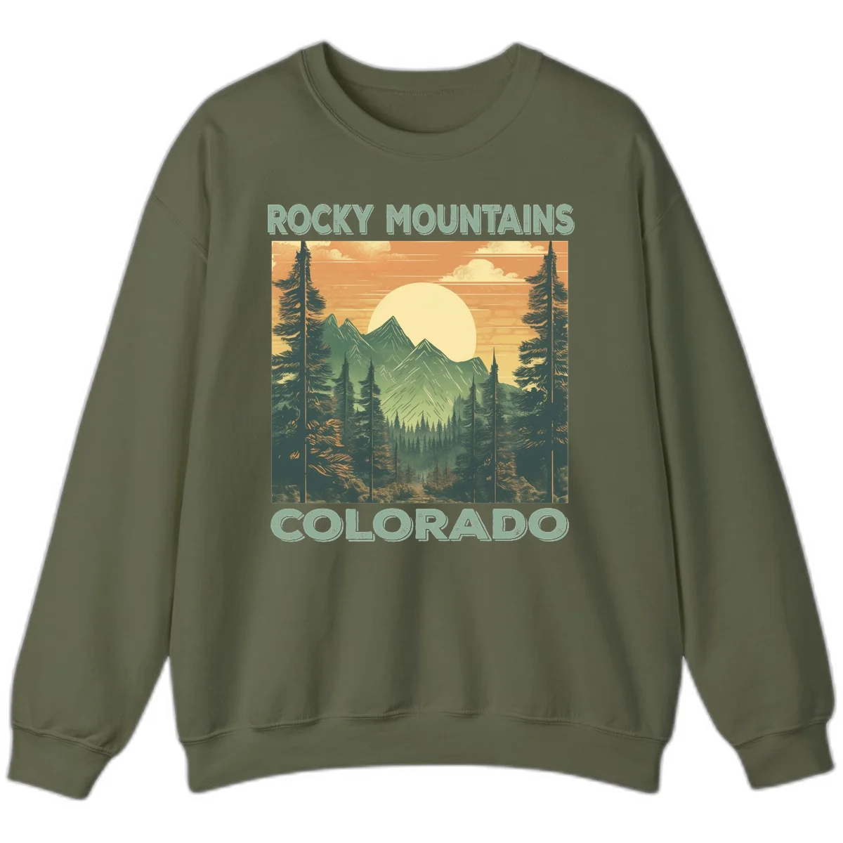 Vintage-style illustration of Rocky Mountains Colorado with golden sunset, evergreen trees, and mountain peaks in retro colors. in Military Green