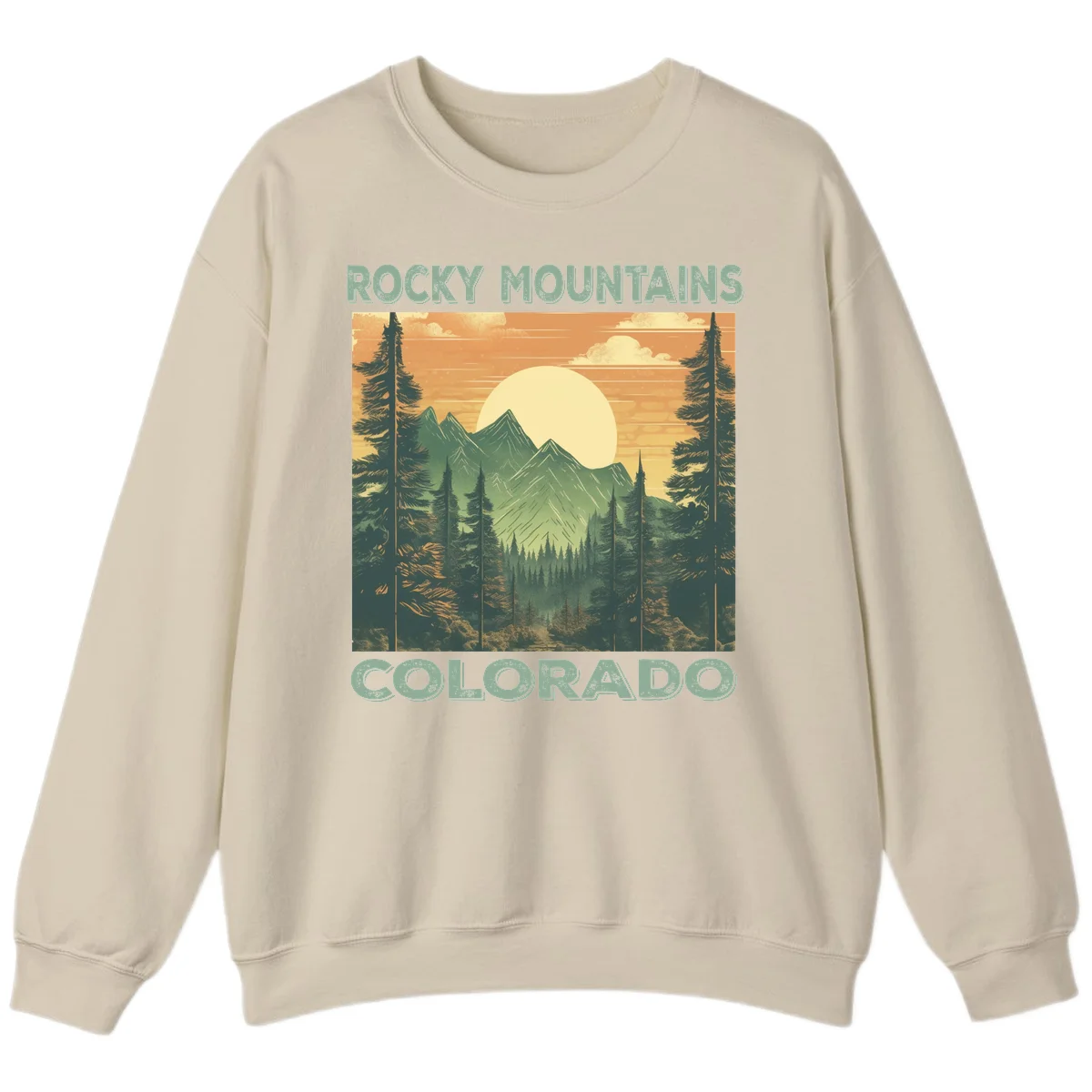 Vintage-style illustration of Rocky Mountains Colorado with golden sunset, evergreen trees, and mountain peaks in retro colors. in Sand