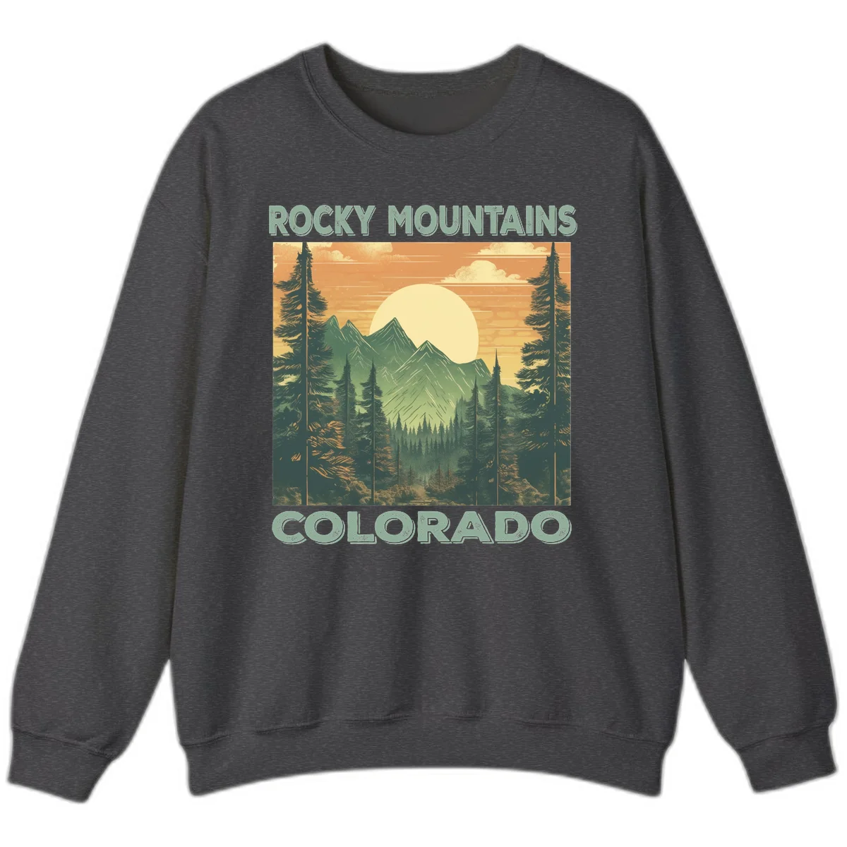 Vintage-style illustration of Rocky Mountains Colorado with golden sunset, evergreen trees, and mountain peaks in retro colors. in Dark Heather