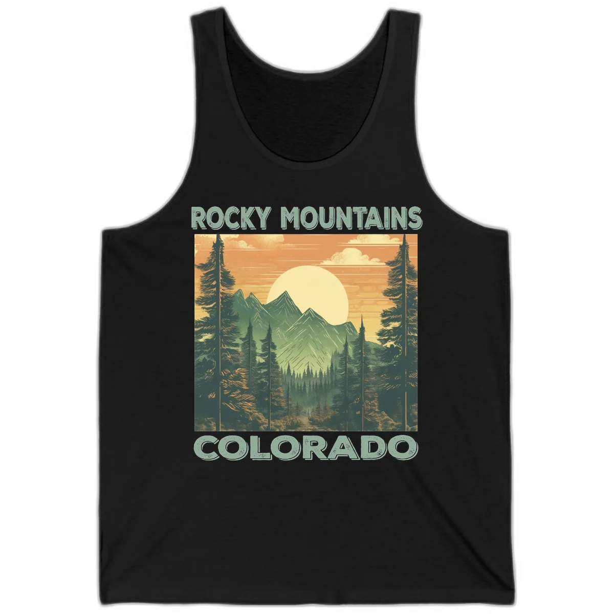 Vintage-style illustration of Rocky Mountains Colorado with golden sunset, evergreen trees, and mountain peaks in retro colors. in Black