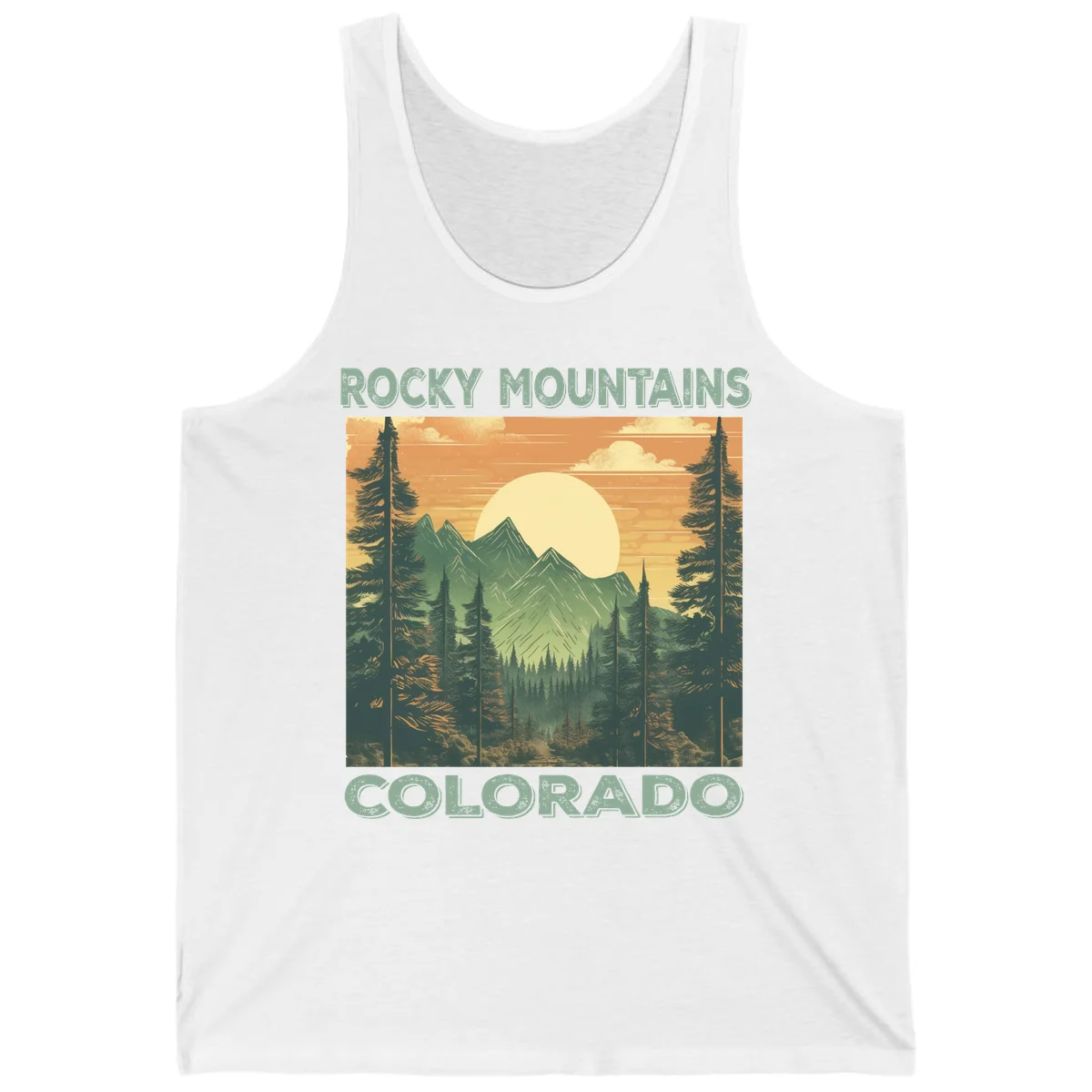 Vintage-style illustration of Rocky Mountains Colorado with golden sunset, evergreen trees, and mountain peaks in retro colors. in White