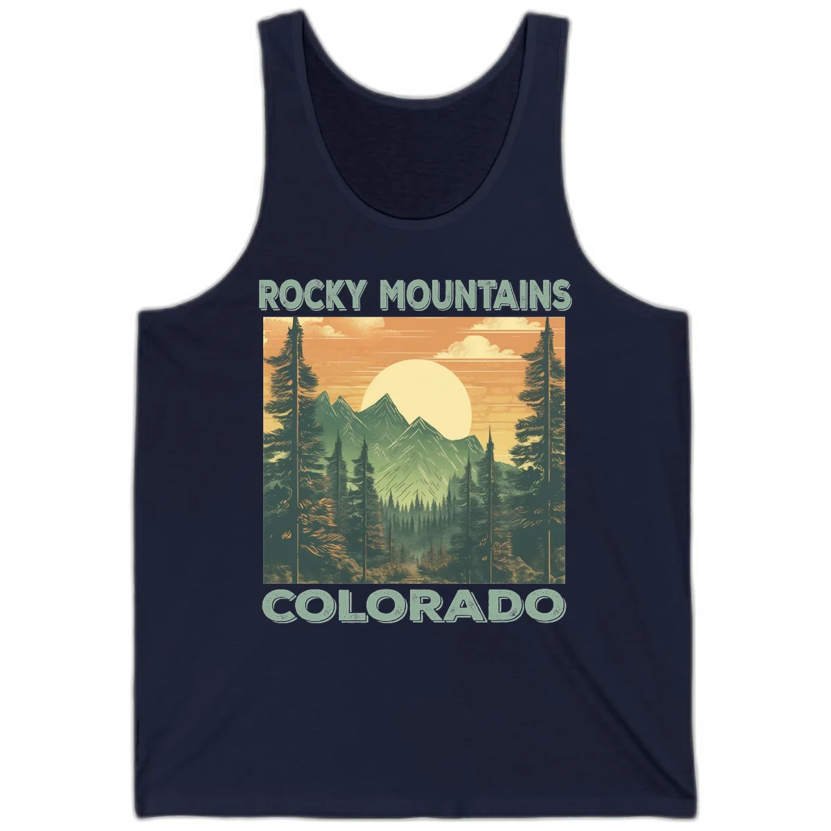 Vintage-style illustration of Rocky Mountains Colorado with golden sunset, evergreen trees, and mountain peaks in retro colors. in Navy