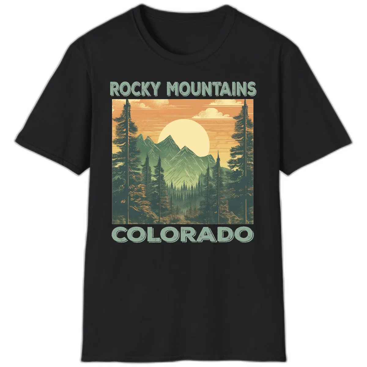 Vintage-style illustration of Rocky Mountains Colorado with golden sunset, evergreen trees, and mountain peaks in retro colors. in Black
