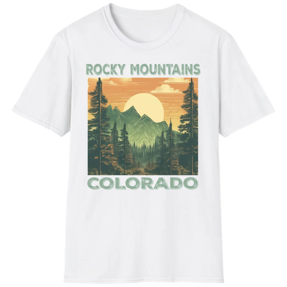 Vintage-style illustration of Rocky Mountains Colorado with golden sunset, evergreen trees, and mountain peaks in retro colors. in White