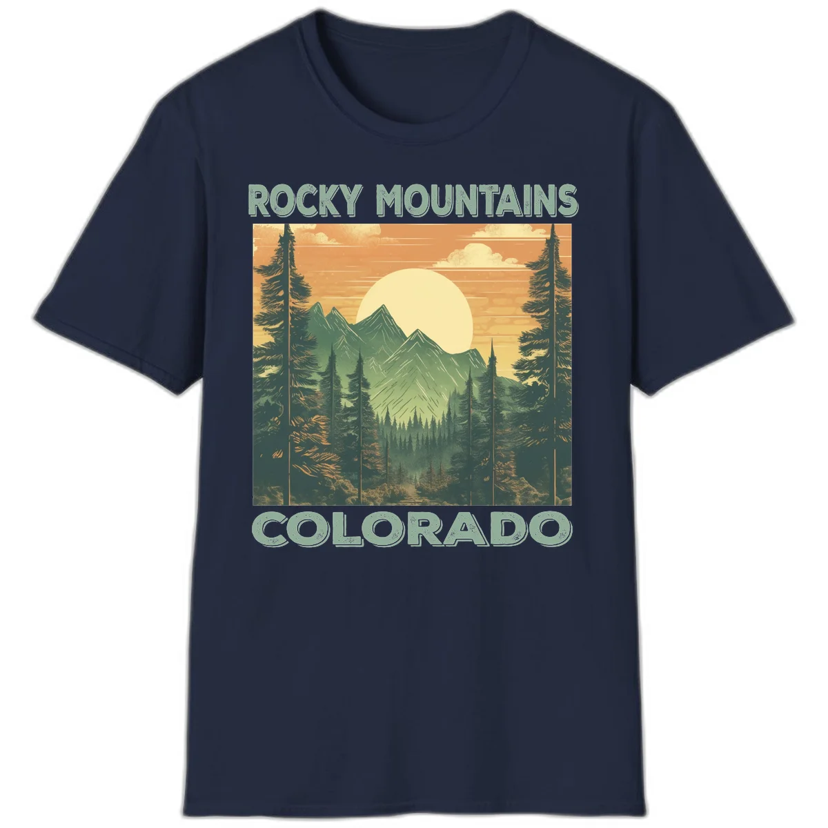 Vintage-style illustration of Rocky Mountains Colorado with golden sunset, evergreen trees, and mountain peaks in retro colors. in Navy