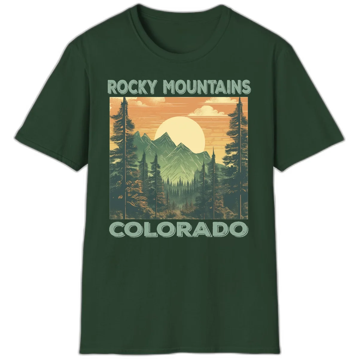 Vintage-style illustration of Rocky Mountains Colorado with golden sunset, evergreen trees, and mountain peaks in retro colors. in Forest Green