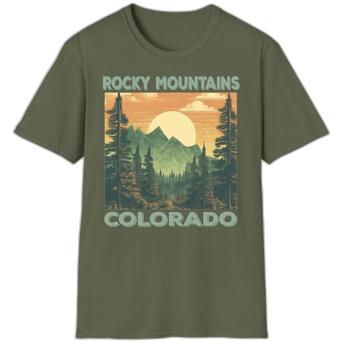 Vintage-style illustration of Rocky Mountains Colorado with golden sunset, evergreen trees, and mountain peaks in retro colors. in Military Green