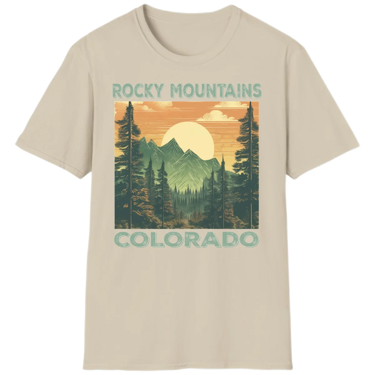 Vintage-style illustration of Rocky Mountains Colorado with golden sunset, evergreen trees, and mountain peaks in retro colors. in Sand