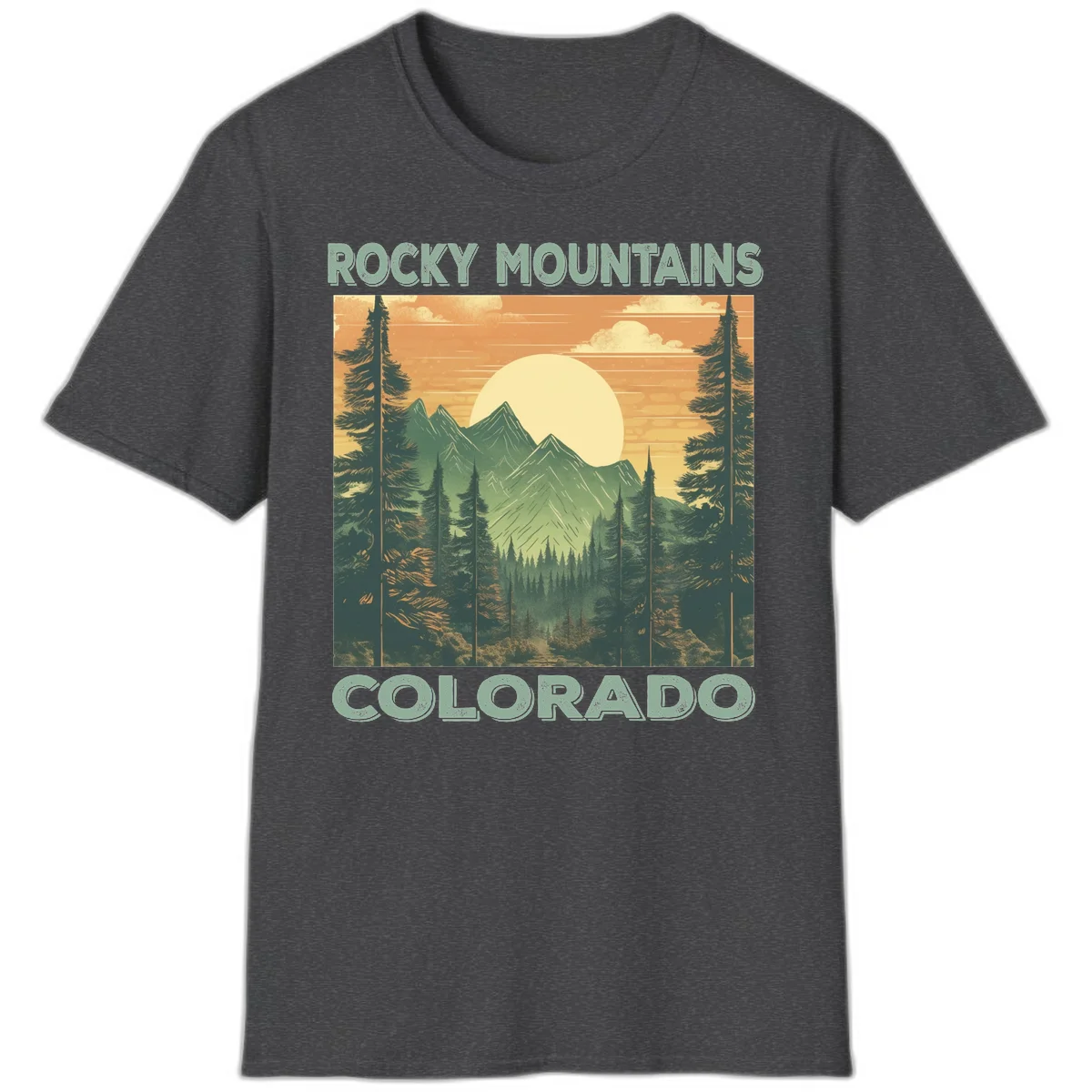 Vintage-style illustration of Rocky Mountains Colorado with golden sunset, evergreen trees, and mountain peaks in retro colors. in Dark Heather