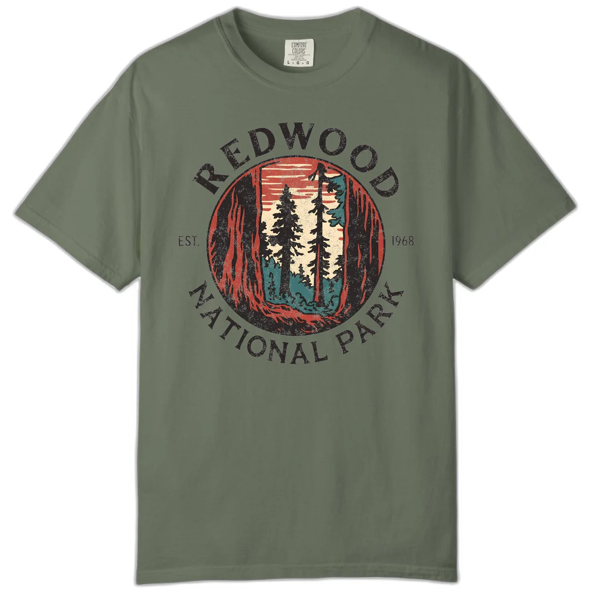 Vintage redwood national park badge design with silhouetted towering trees in circular frame, established 1968 in Moss