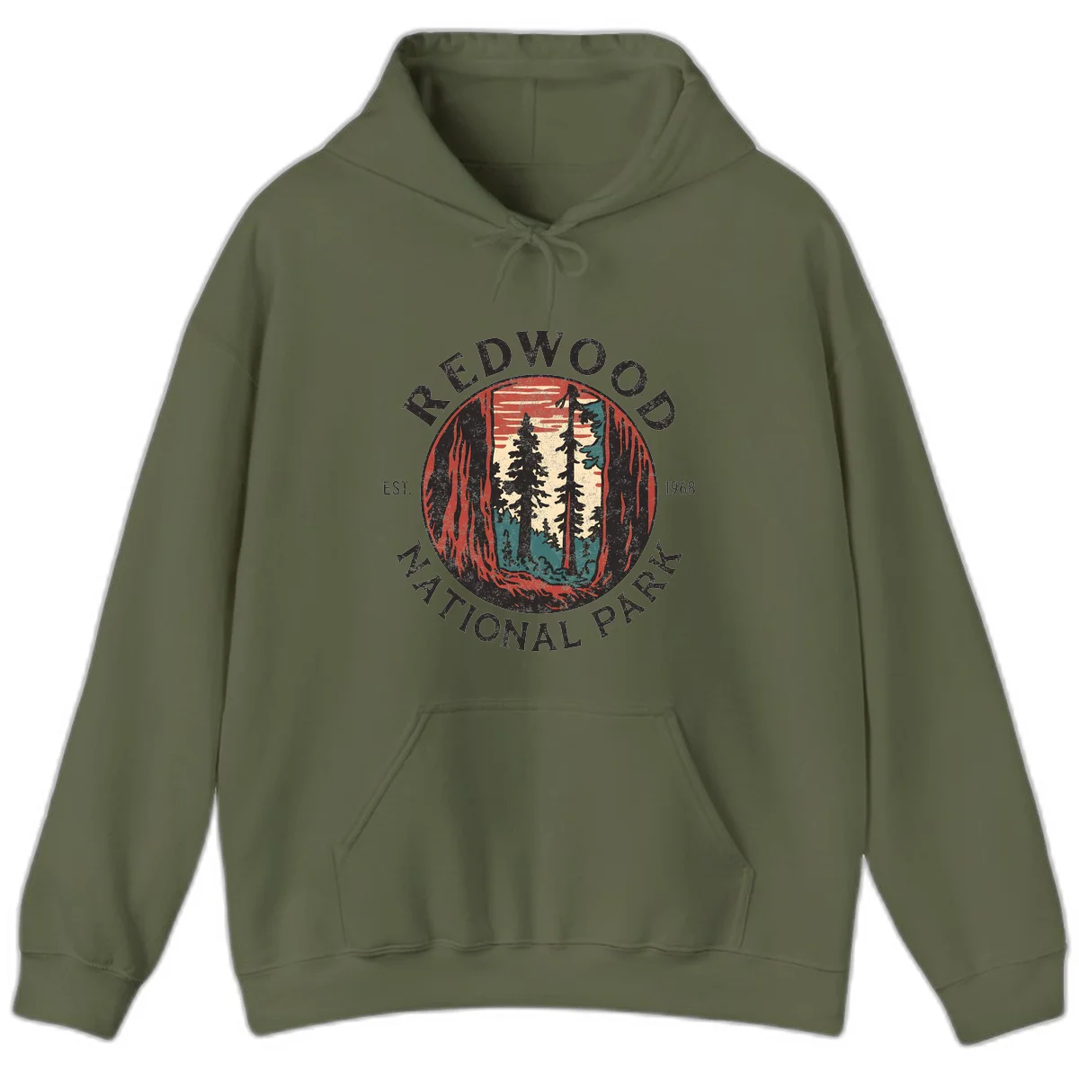 Vintage redwood national park badge design with silhouetted towering trees in circular frame, established 1968 in Military Green