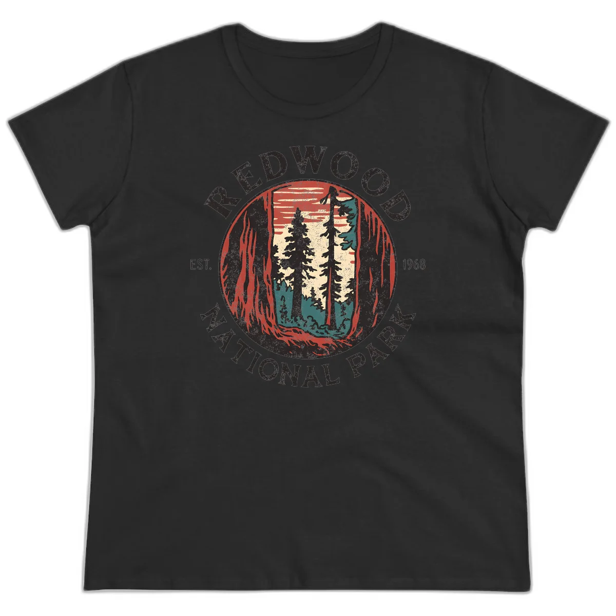 Vintage redwood national park badge design with silhouetted towering trees in circular frame, established 1968 in Black