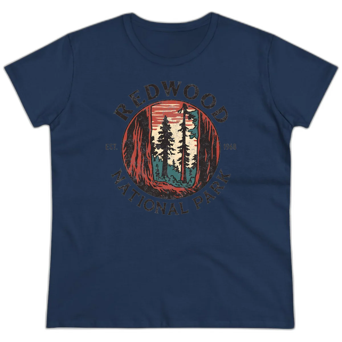 Vintage redwood national park badge design with silhouetted towering trees in circular frame, established 1968 in Navy