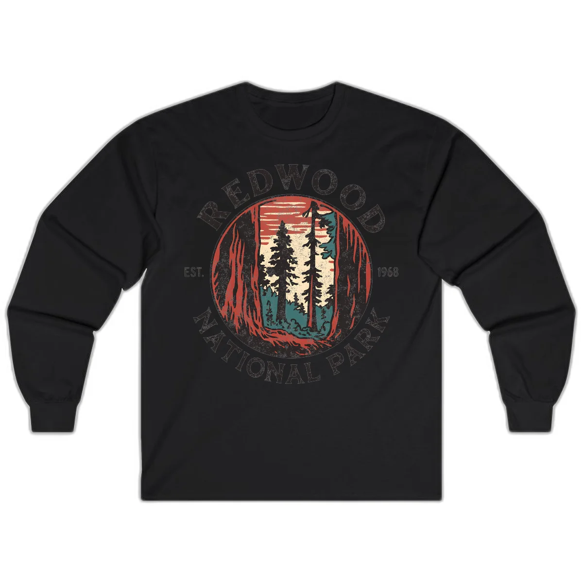 Vintage redwood national park badge design with silhouetted towering trees in circular frame, established 1968 in Black