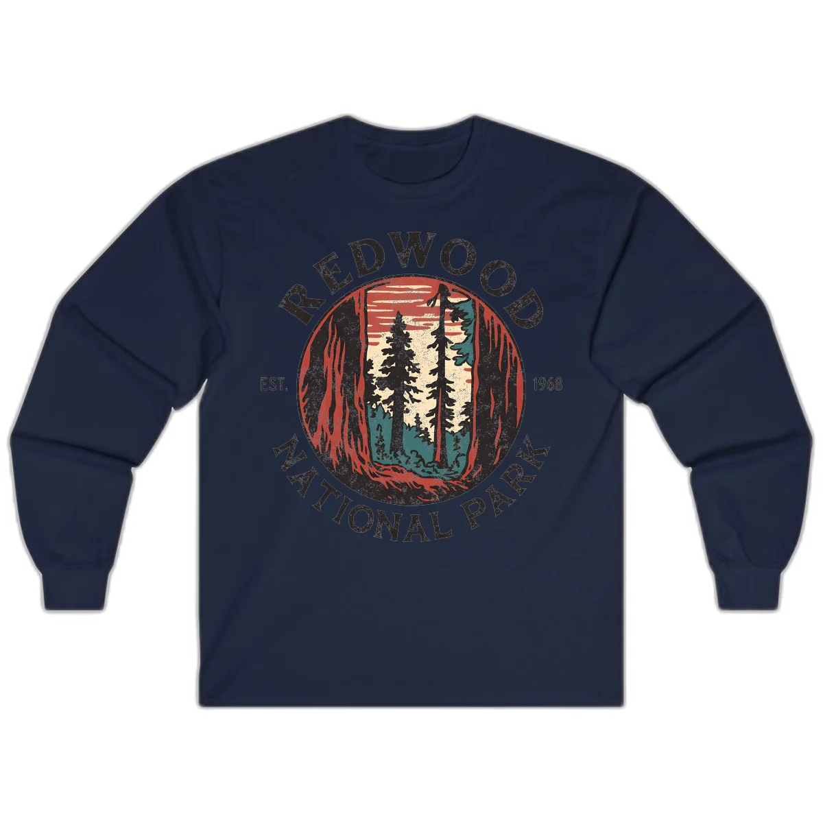 Vintage redwood national park badge design with silhouetted towering trees in circular frame, established 1968 in Navy