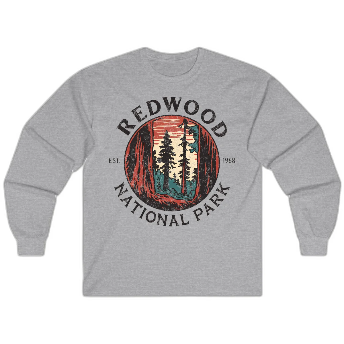 Vintage redwood national park badge design with silhouetted towering trees in circular frame, established 1968 in Sport Grey