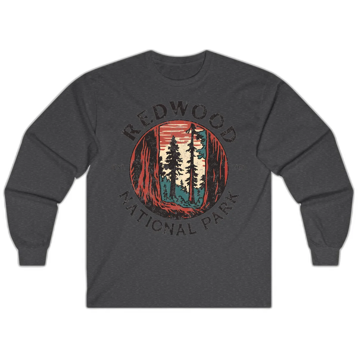 Vintage redwood national park badge design with silhouetted towering trees in circular frame, established 1968 in Dark Heather