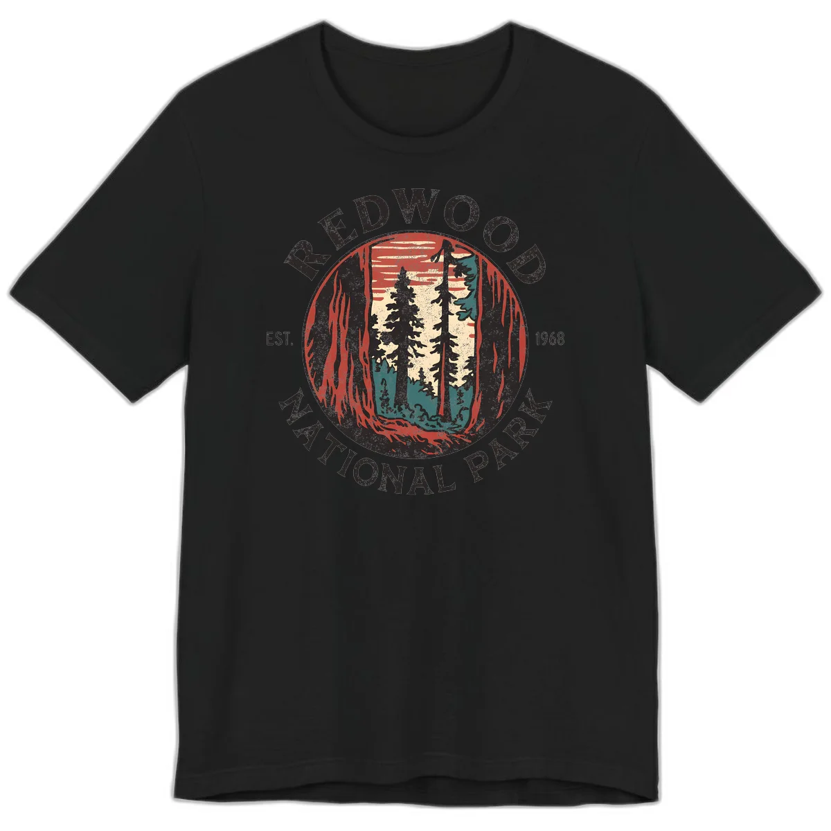 Vintage redwood national park badge design with silhouetted towering trees in circular frame, established 1968 in Black