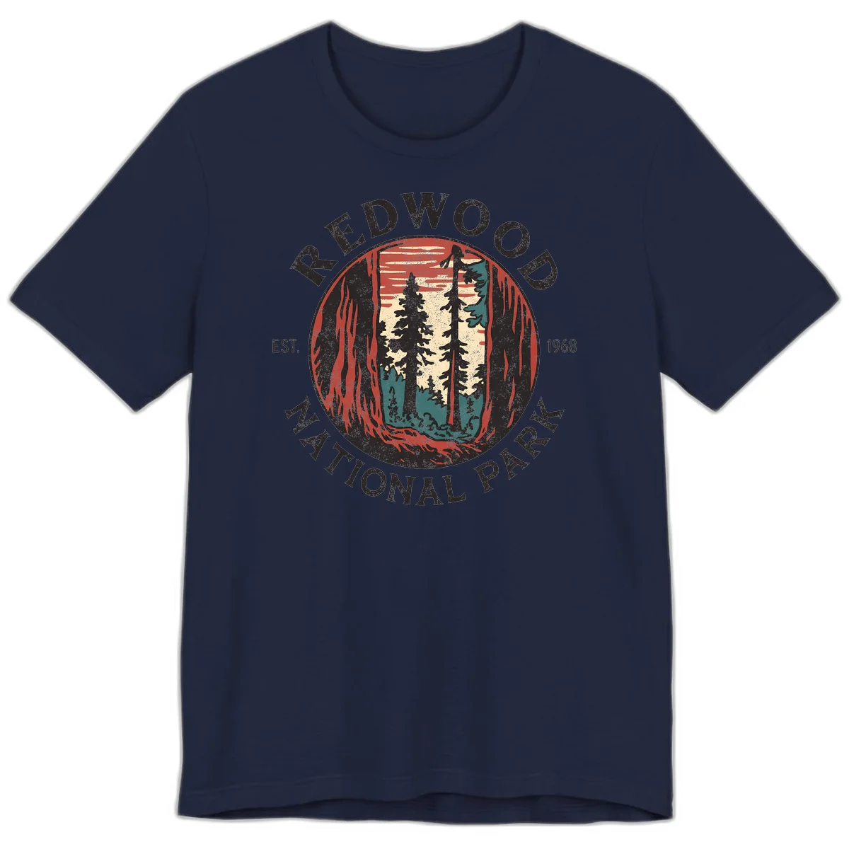 Vintage redwood national park badge design with silhouetted towering trees in circular frame, established 1968 in Navy