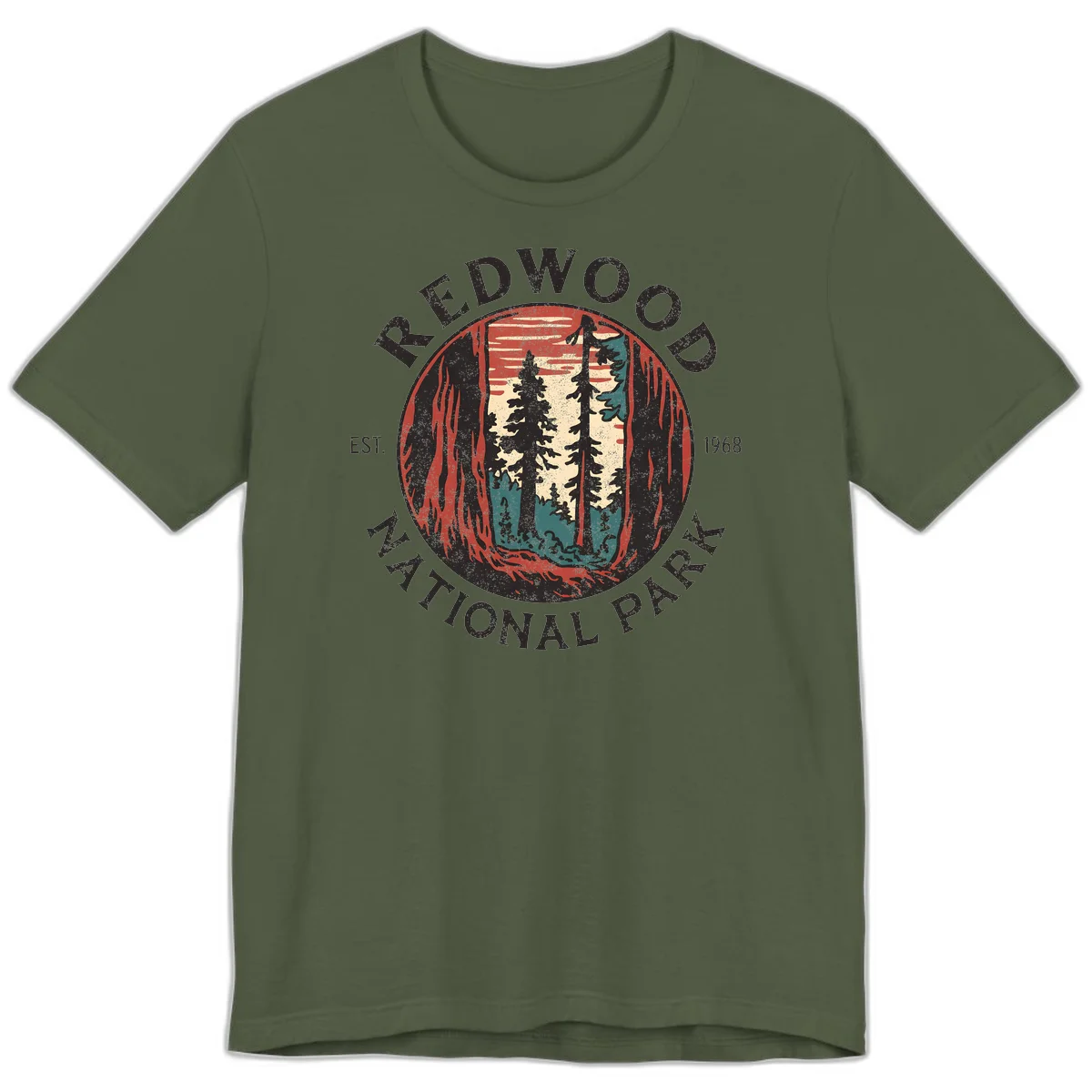Vintage redwood national park badge design with silhouetted towering trees in circular frame, established 1968 in Military Green