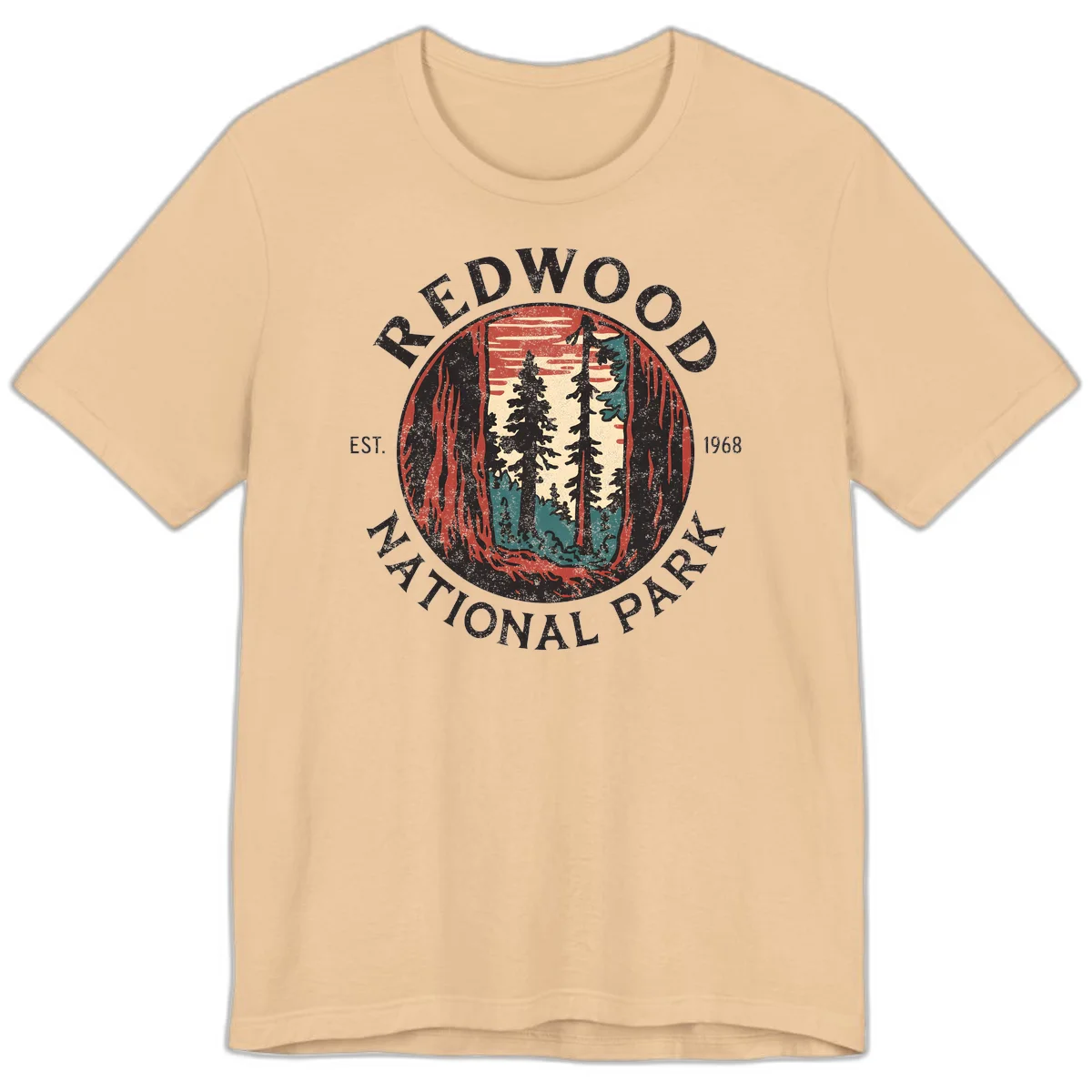 Vintage redwood national park badge design with silhouetted towering trees in circular frame, established 1968 in Sand Dune