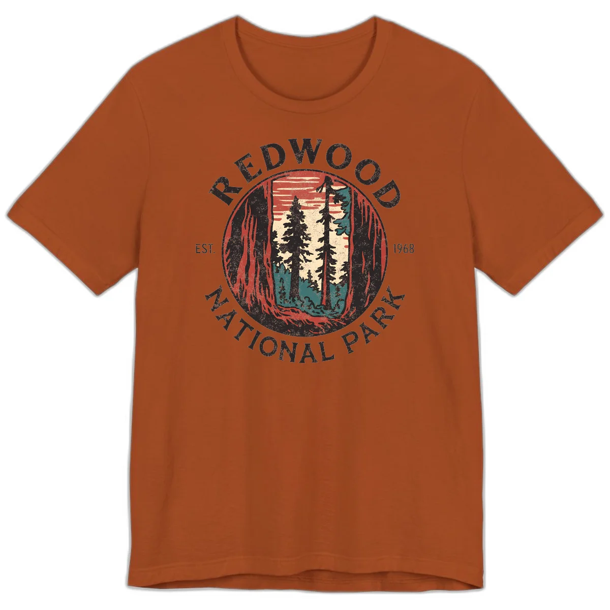 Vintage redwood national park badge design with silhouetted towering trees in circular frame, established 1968 in Autumn