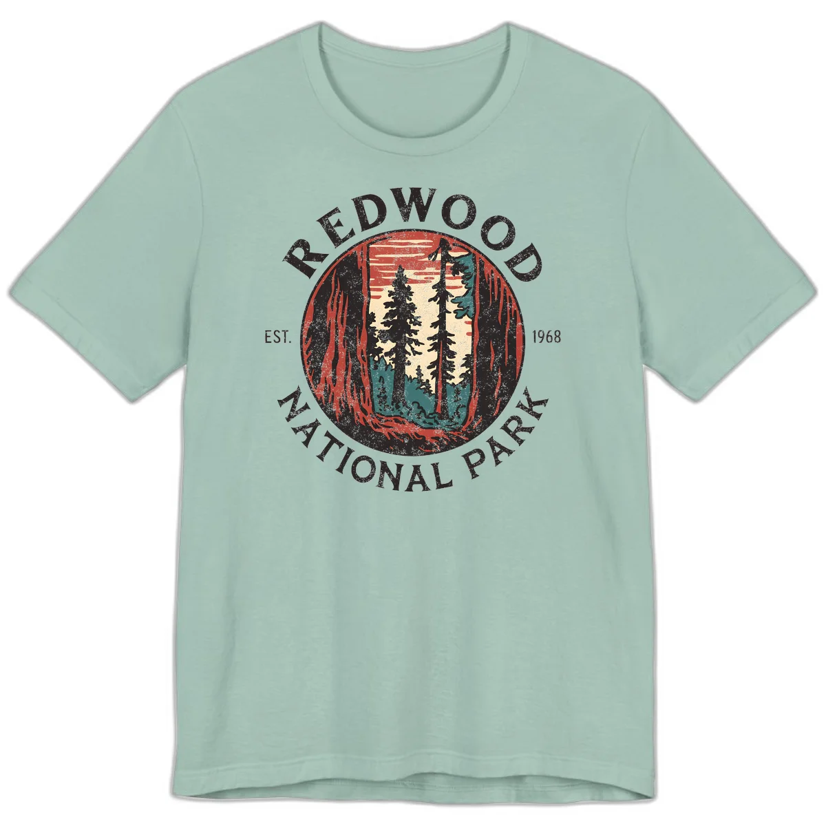 Vintage redwood national park badge design with silhouetted towering trees in circular frame, established 1968 in Dusty Blue
