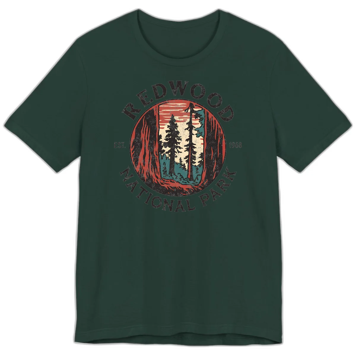 Vintage redwood national park badge design with silhouetted towering trees in circular frame, established 1968 in Forest
