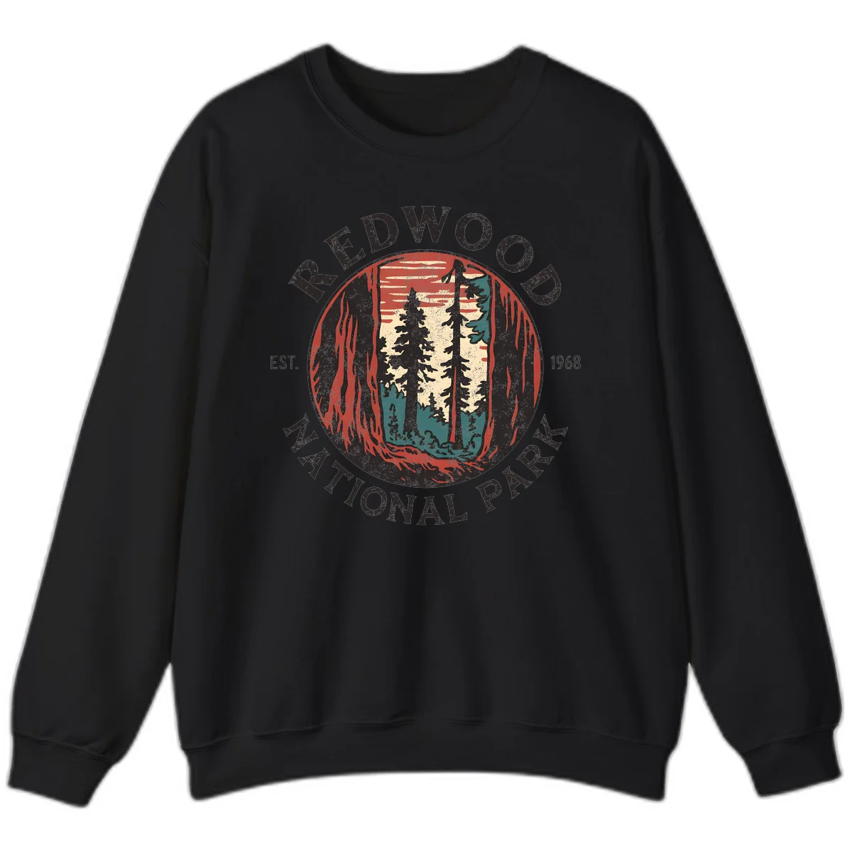 Vintage redwood national park badge design with silhouetted towering trees in circular frame, established 1968 in Black