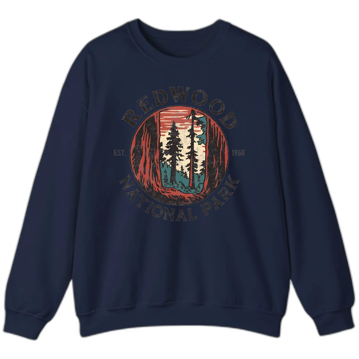 Vintage redwood national park badge design with silhouetted towering trees in circular frame, established 1968 in Navy