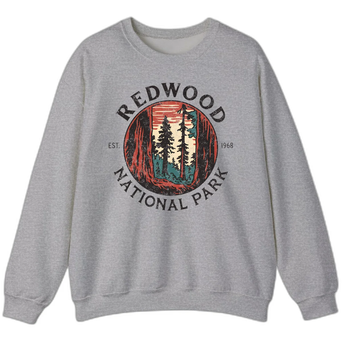 Vintage redwood national park badge design with silhouetted towering trees in circular frame, established 1968 in Sport Grey