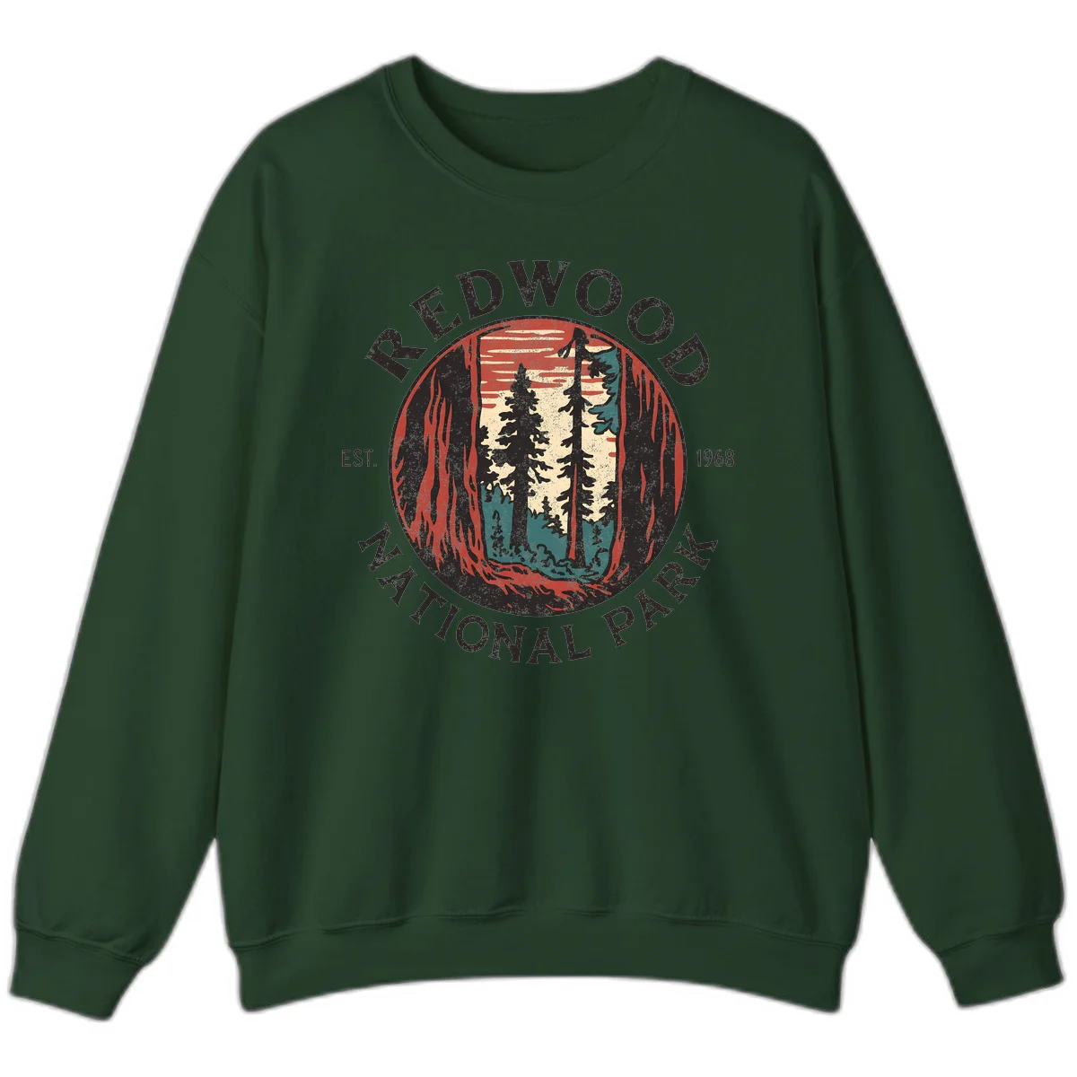 Vintage redwood national park badge design with silhouetted towering trees in circular frame, established 1968 in Forest Green