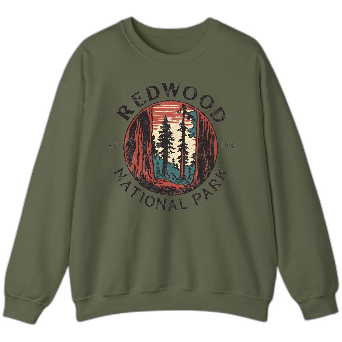 Vintage redwood national park badge design with silhouetted towering trees in circular frame, established 1968 in Military Green