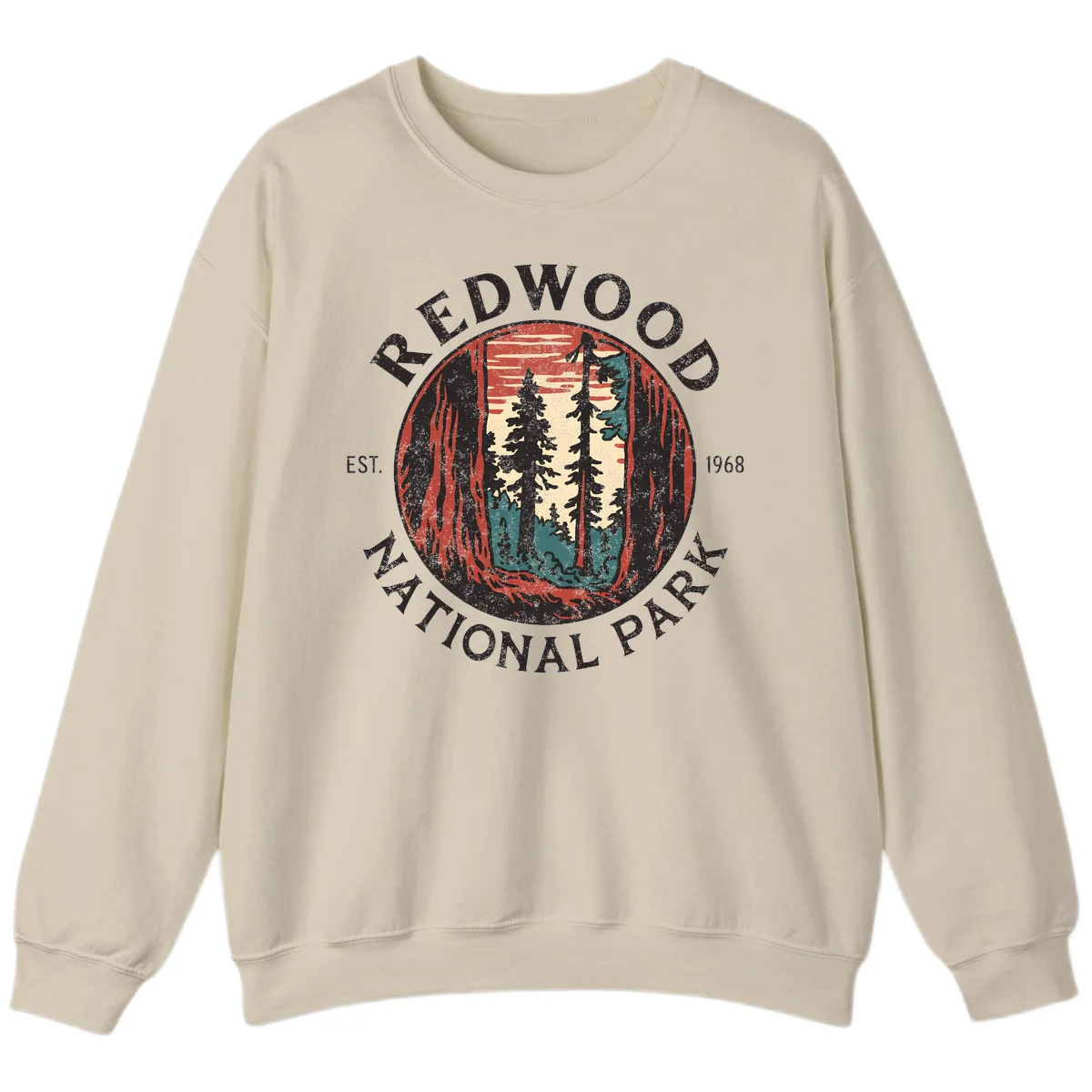 Vintage redwood national park badge design with silhouetted towering trees in circular frame, established 1968 in Sand