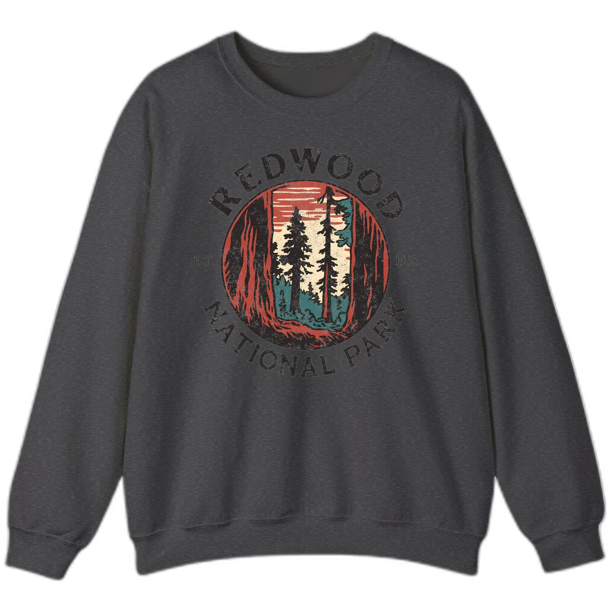 Vintage redwood national park badge design with silhouetted towering trees in circular frame, established 1968 in Dark Heather