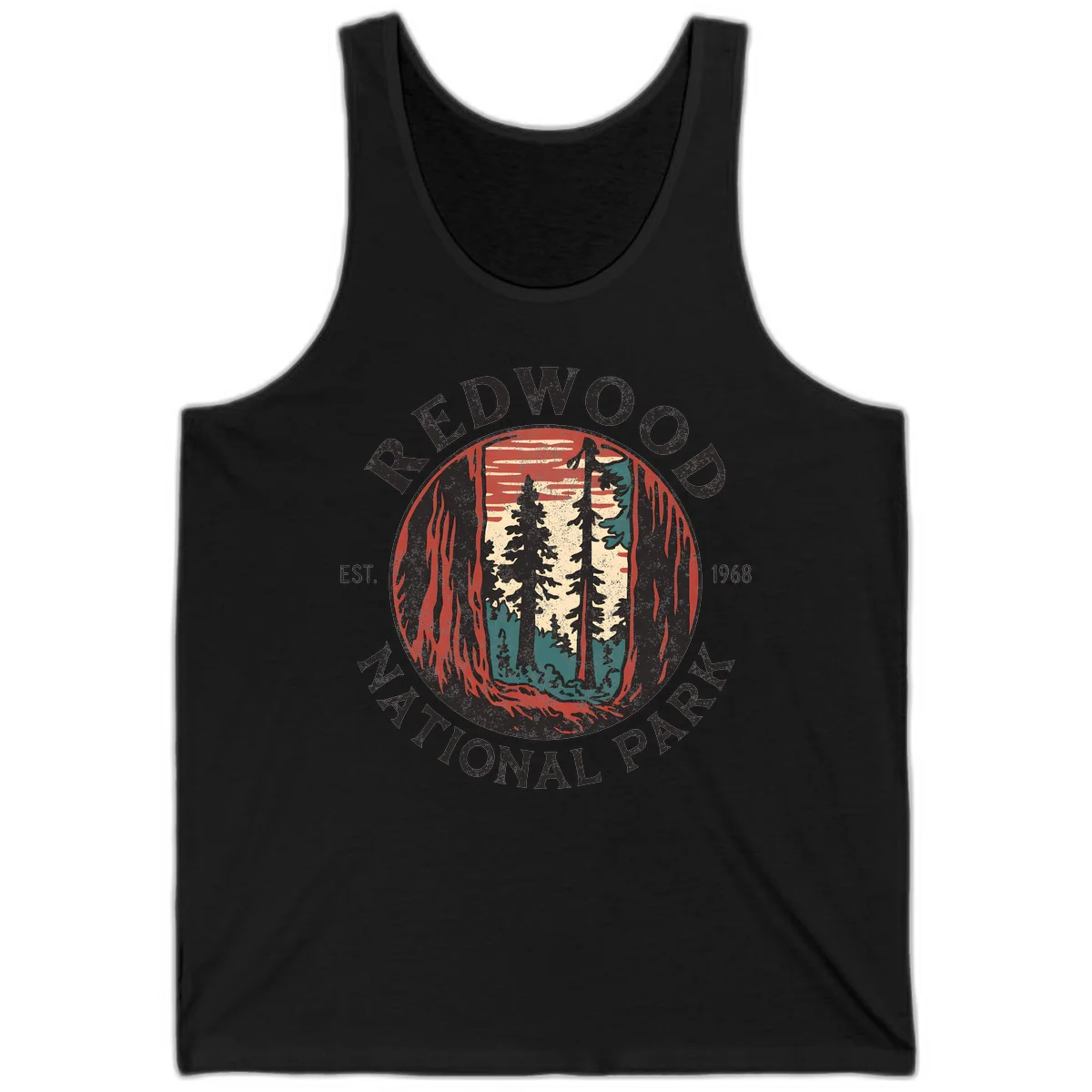 Vintage redwood national park badge design with silhouetted towering trees in circular frame, established 1968 in Black