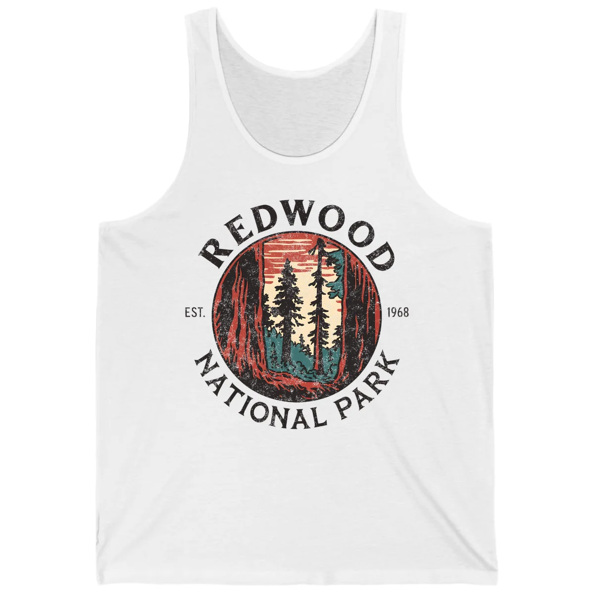 Vintage redwood national park badge design with silhouetted towering trees in circular frame, established 1968 in White