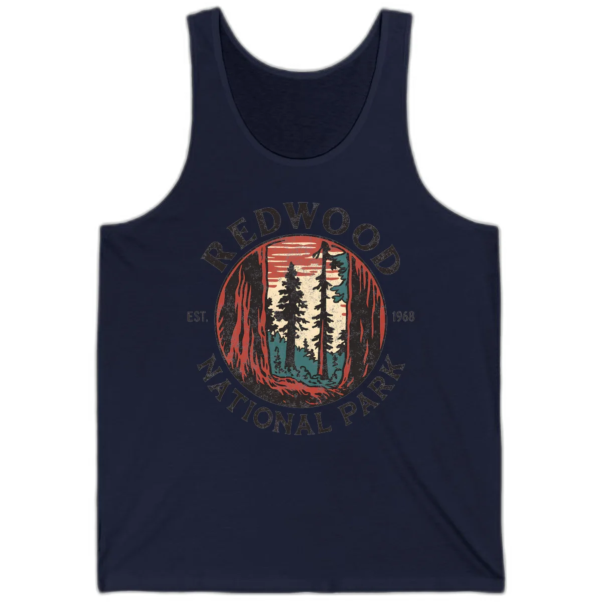 Vintage redwood national park badge design with silhouetted towering trees in circular frame, established 1968 in Navy