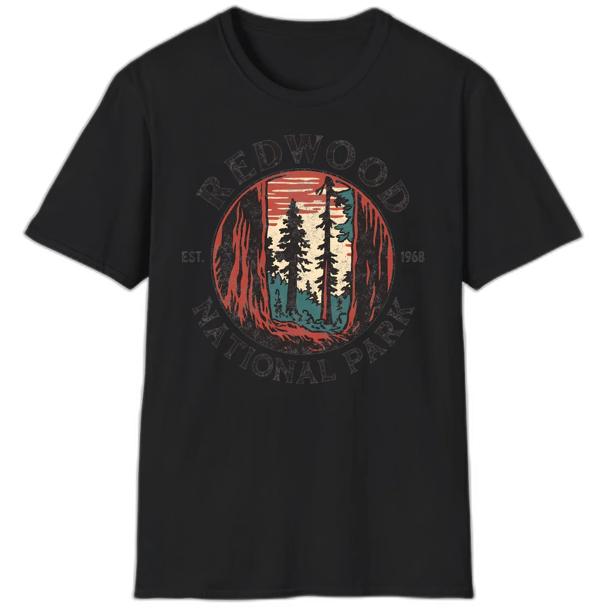 Vintage redwood national park badge design with silhouetted towering trees in circular frame, established 1968 in Black