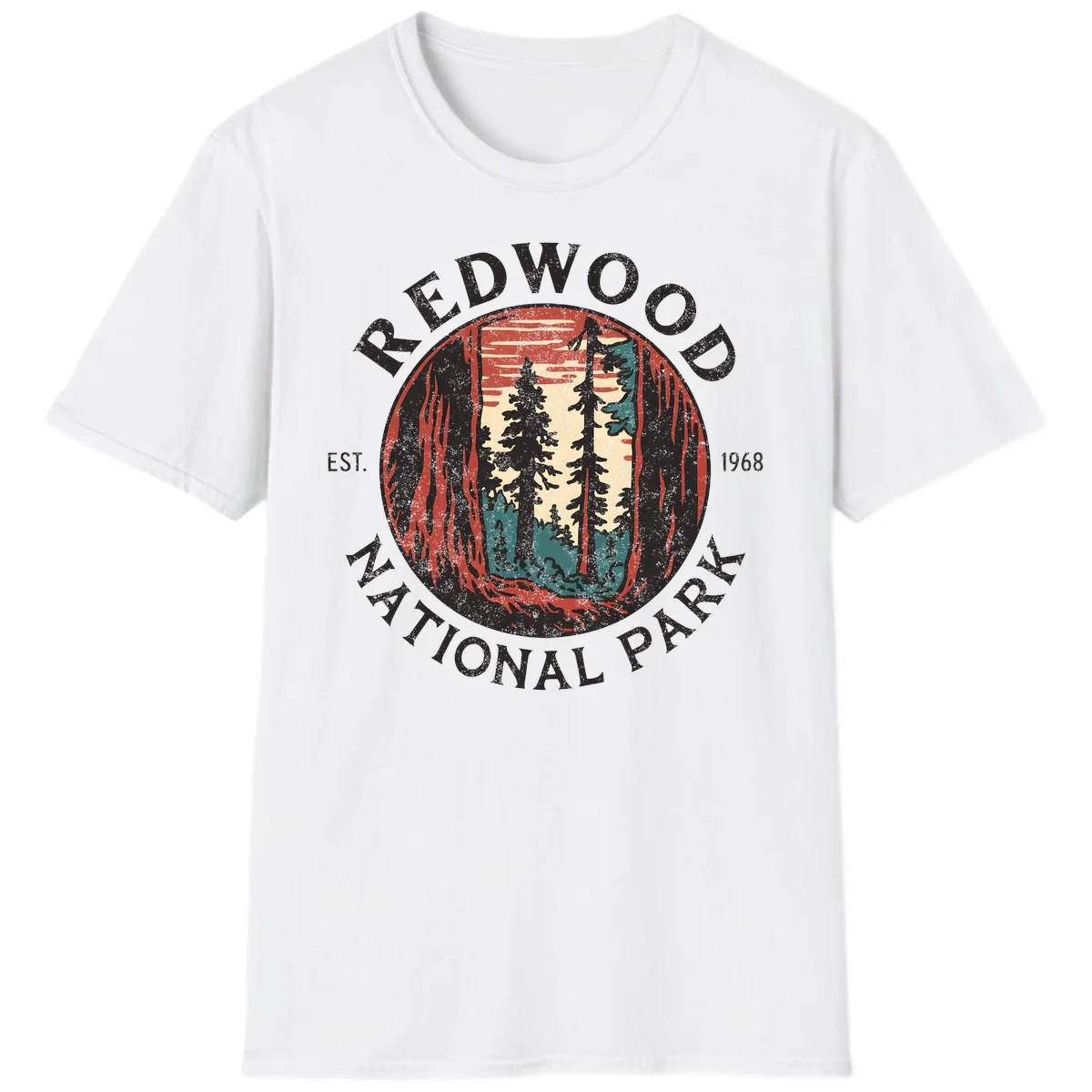 Vintage redwood national park badge design with silhouetted towering trees in circular frame, established 1968 in White
