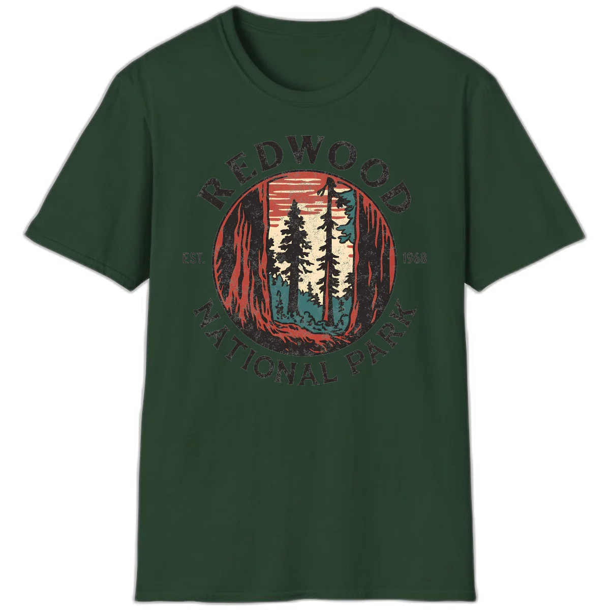 Vintage redwood national park badge design with silhouetted towering trees in circular frame, established 1968 in Forest Green