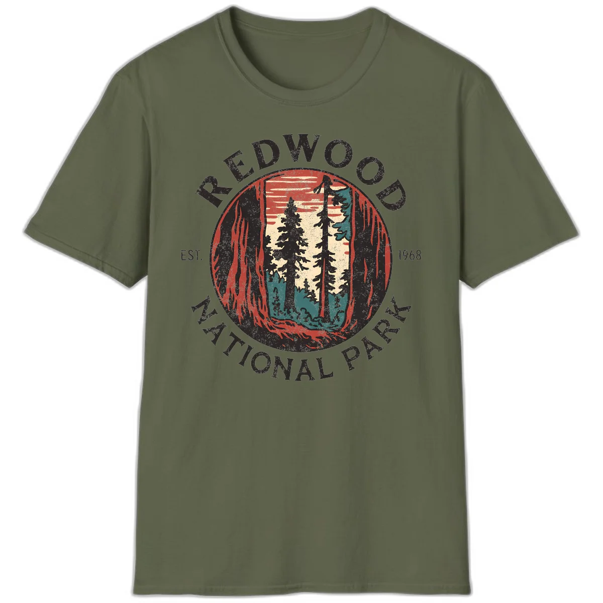 Vintage redwood national park badge design with silhouetted towering trees in circular frame, established 1968 in Military Green