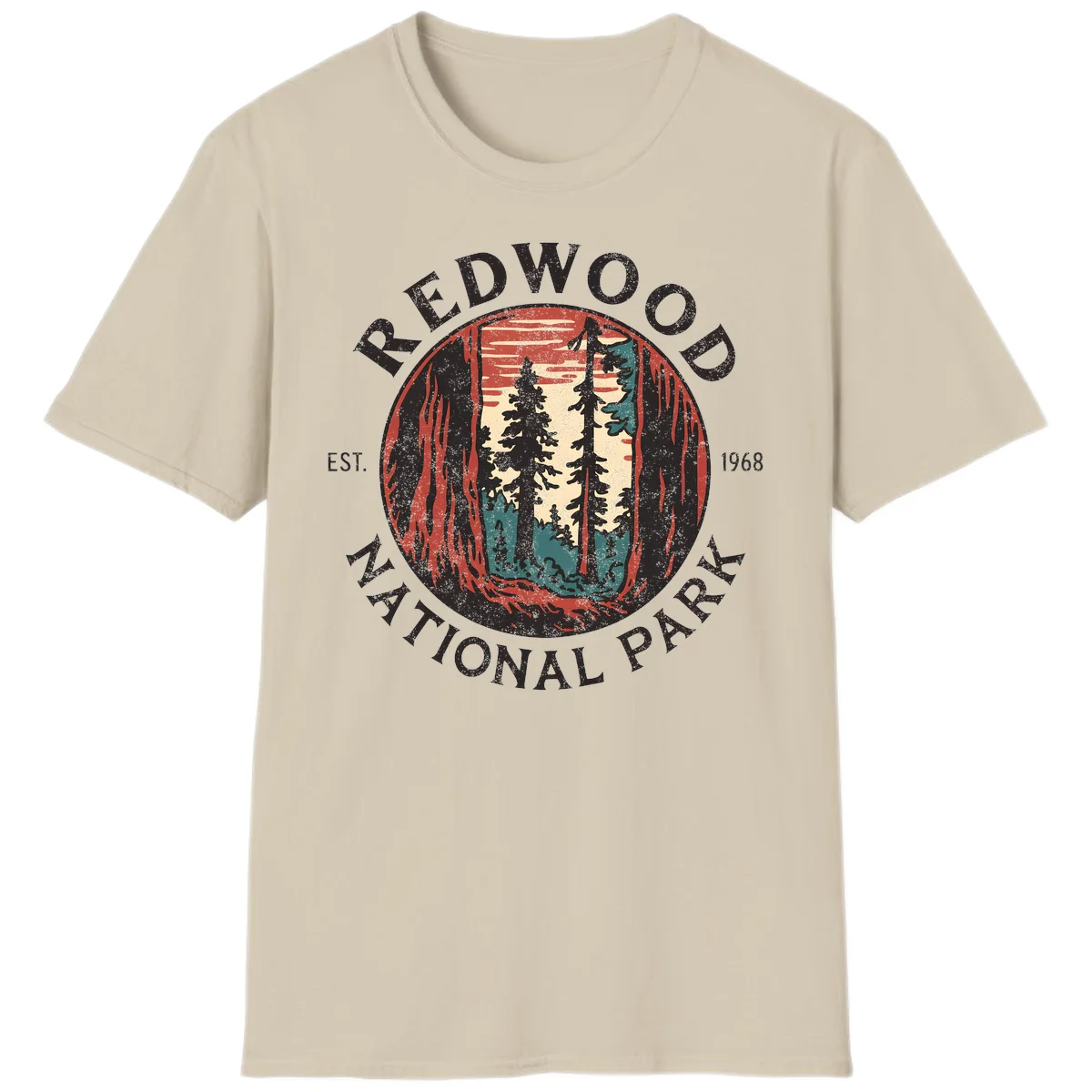 Vintage redwood national park badge design with silhouetted towering trees in circular frame, established 1968 in Sand