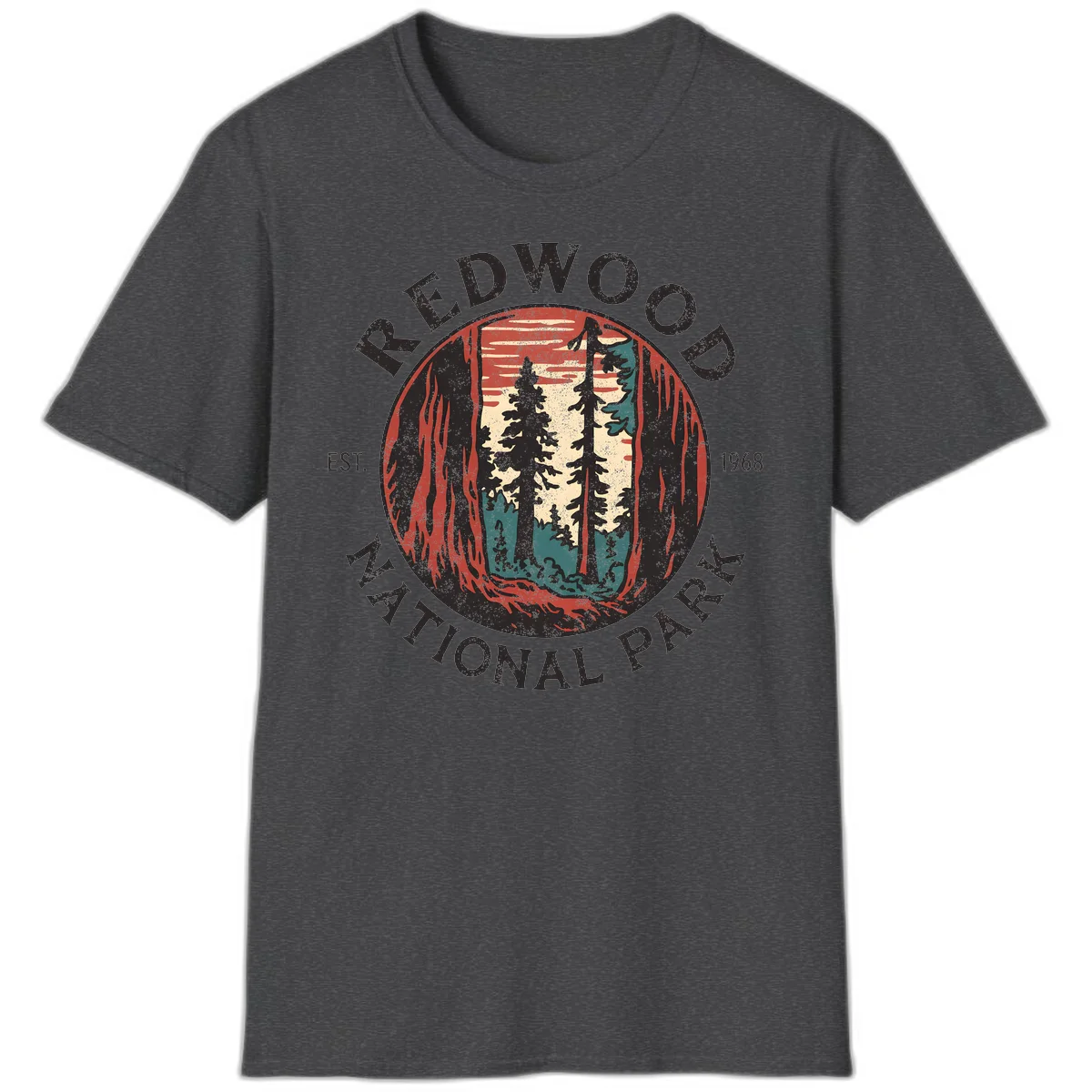 Vintage redwood national park badge design with silhouetted towering trees in circular frame, established 1968 in Dark Heather