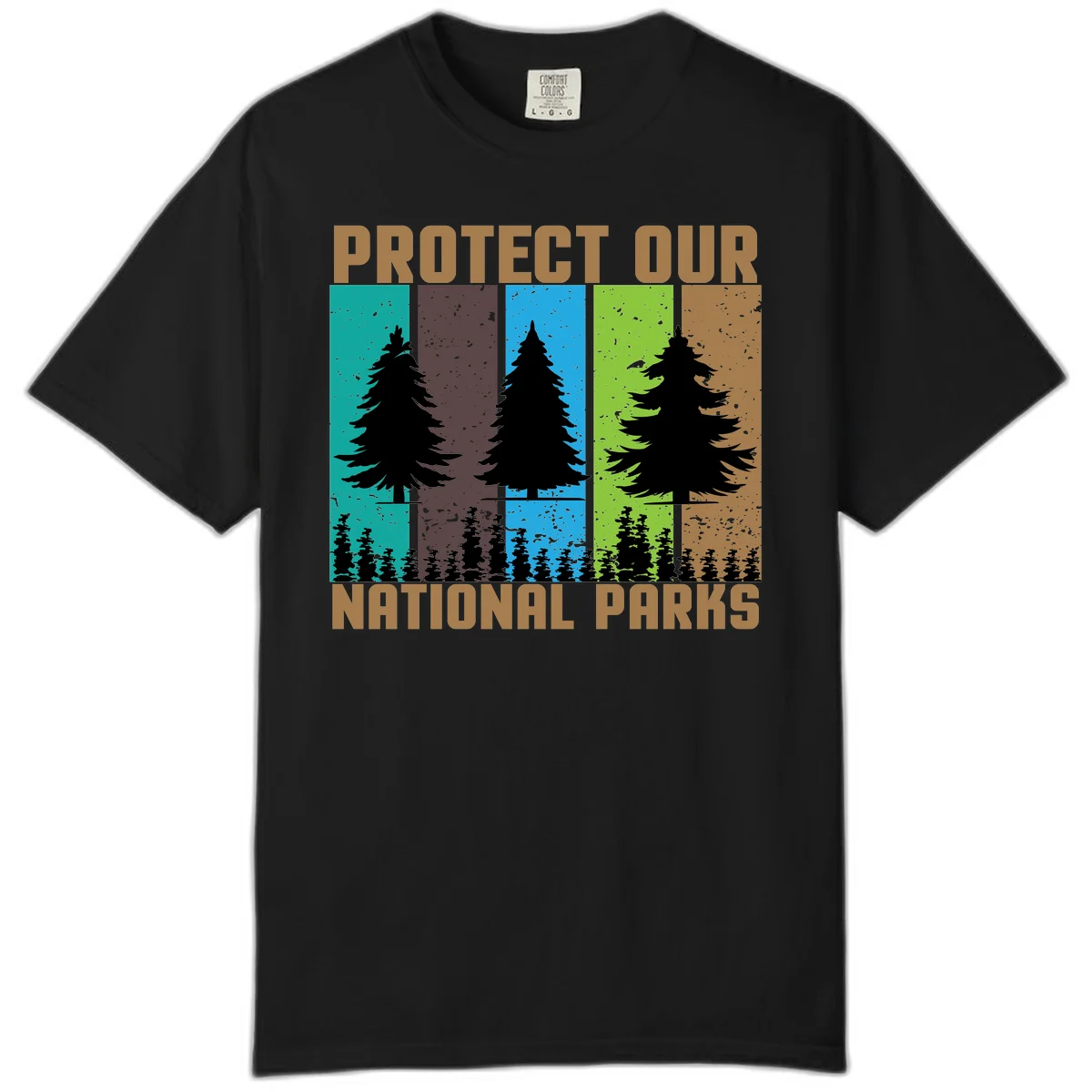 Silhouetted evergreen tree across five colorful panels with text 'Protect Our National Parks' promoting forest conservation. in Black