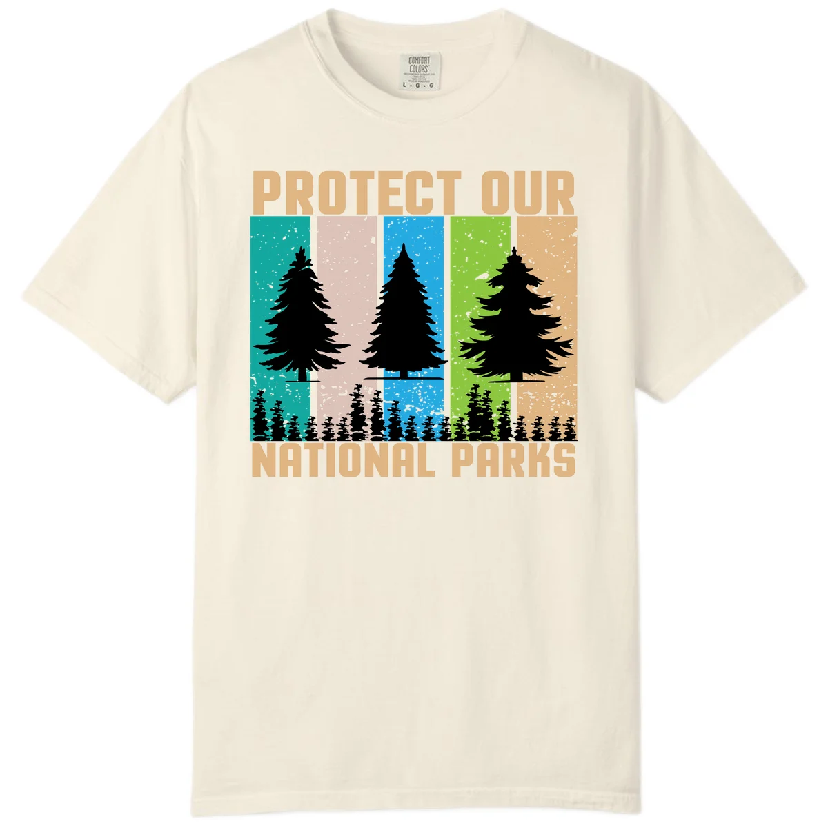 Silhouetted evergreen tree across five colorful panels with text 'Protect Our National Parks' promoting forest conservation. in Ivory
