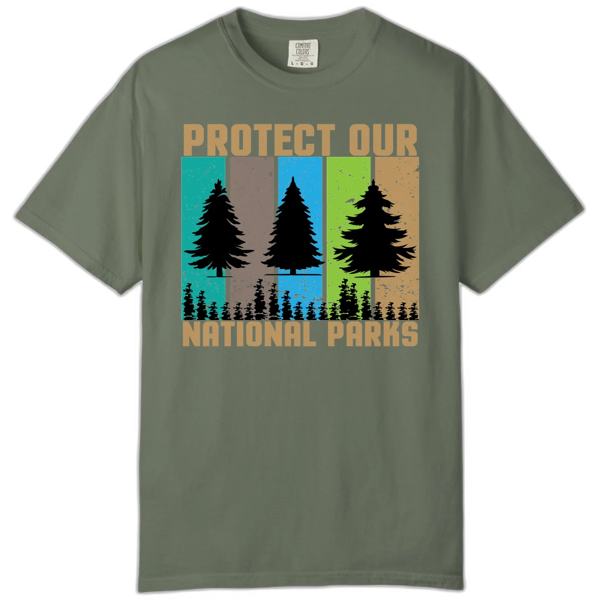 Silhouetted evergreen tree across five colorful panels with text 'Protect Our National Parks' promoting forest conservation. in Moss