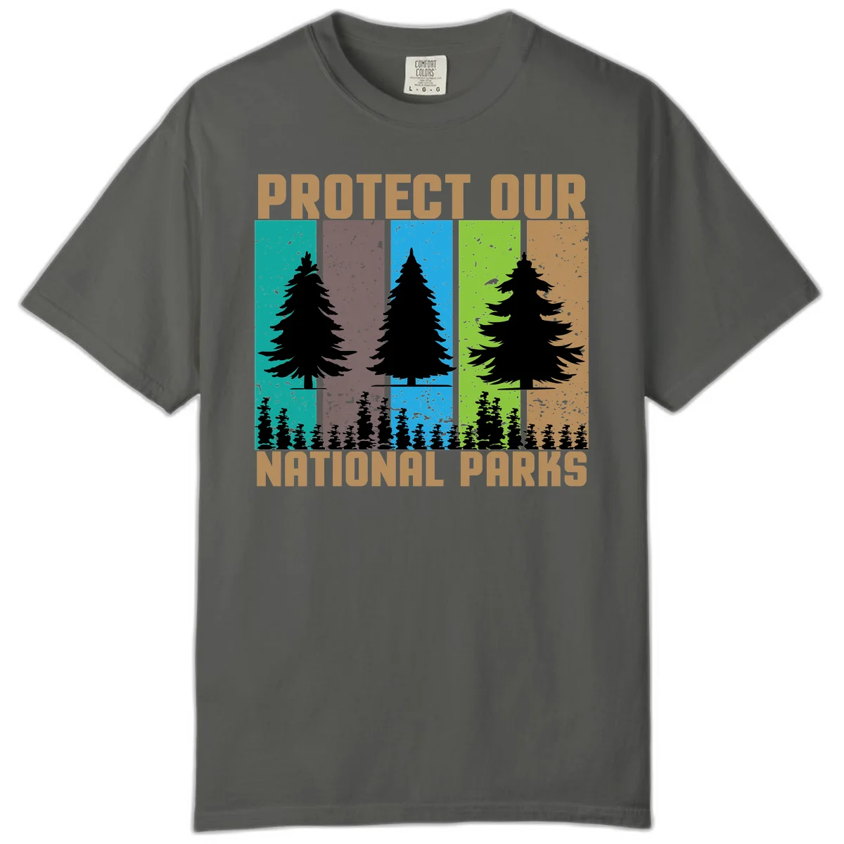 Silhouetted evergreen tree across five colorful panels with text 'Protect Our National Parks' promoting forest conservation. in Pepper