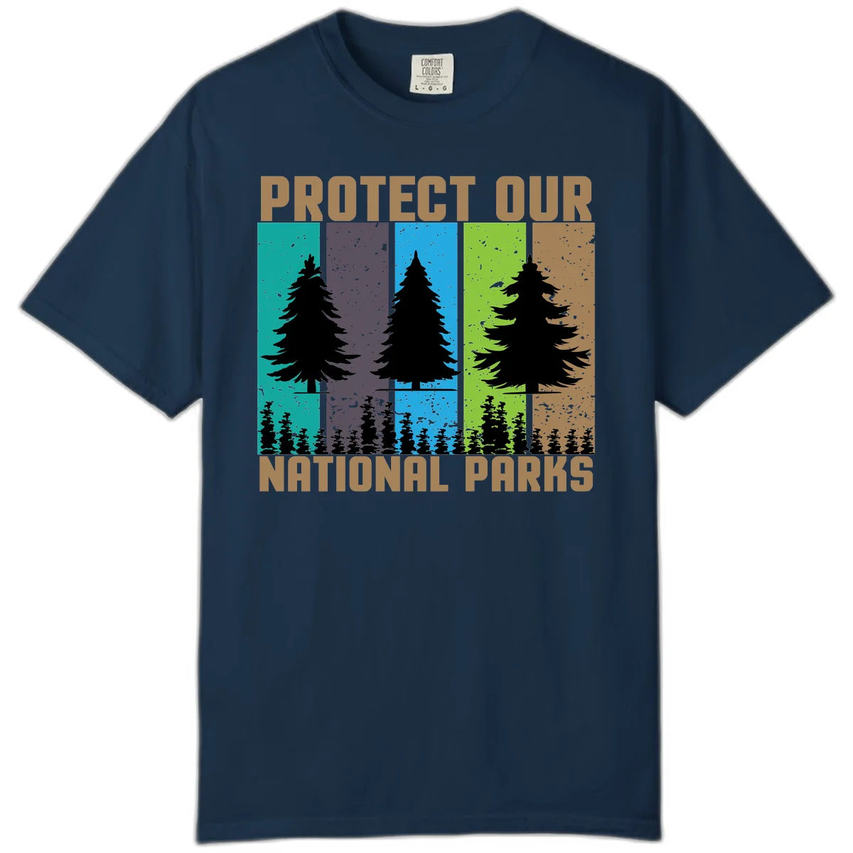 Silhouetted evergreen tree across five colorful panels with text 'Protect Our National Parks' promoting forest conservation. in True Navy